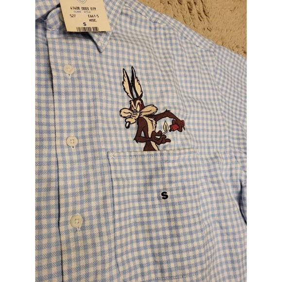 Looney Tunes Embroidered Coyote Plaid Button Down Shirt Vintage Small S NWT - Picture 3 of 9